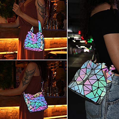 Tikea Bolsa Geométrica Luminosa Holográfica para Mujer, Bolsa Cruzada de Moda en Cuero Sintético, Bandolera con Manilla Reversible Efecto Reflectante