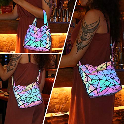 Tikea Bolsa Geométrica Luminosa Holográfica para Mujer, Bolsa Cruzada de Moda en Cuero Sintético, Bandolera con Manilla Reversible Efecto Reflectante
