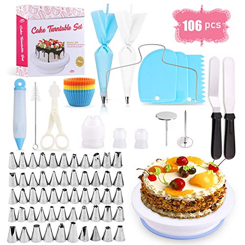 Tintec Equipo de decoración de Pasteles,106pcs Juego de decoración de Pasteles Suministros para hornear Soporte Giratorio Antideslizante,54 bocas de jacquard,Herramienta de pastelería Fondant