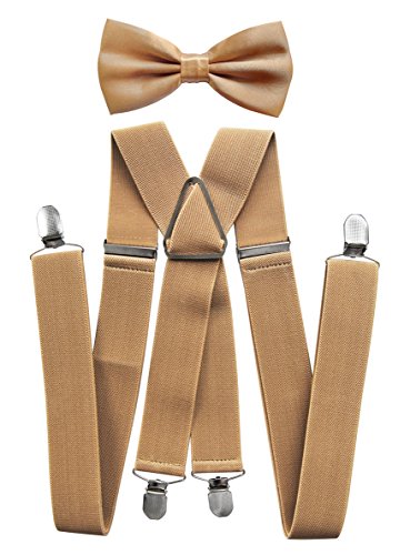 Tirantes para hombre con pajarita de axy; 4 clips resistentes en forma de X Beige (tirantes anchos, 3,5 cm). Talla única