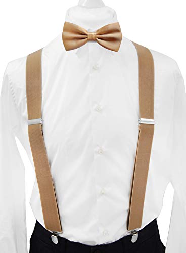 Tirantes para hombre con pajarita de axy; 4 clips resistentes en forma de X Beige (tirantes anchos, 3,5 cm). Talla única