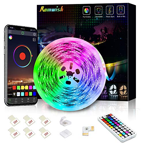 Tiras LED 5M, Romwish 5050 SMD RGB 150 LEDs con Control Remoto RF de 44 Botones & Control Bluetooth,para la Habitación, Dormitorio, fiestas, bares