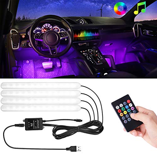 Tiras LED Coche 4pcs 16.2cm Luces Interiores del Coche Control Múltiples Modos Color Música Bajo el Tablero de Instrumentos Iluminación de Coches con Cargador de Coche 12V
