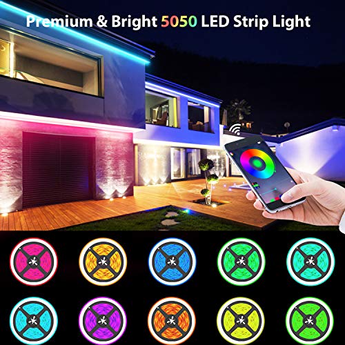 Tiras LED RGB 5050, 10 M Bluetooth Tiras de Luces LED Iluminación con 12V 300 LEDS, Función Musical, APP y de Control Remoto, Impermeable IP65, 16 Millones de Colores, 8 Modos pare Hoga Jardín Fiesta