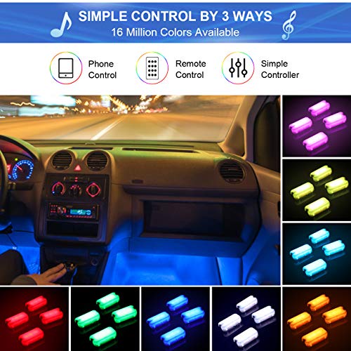 Tiras Luz interior coche led, Aimocar RGB Luz Barras Kits de Atmosfera iluminación controlados Multi DIY Color Música Impermeable APP Inalámbrico Control Encendedor del Cigarro USB para Coche