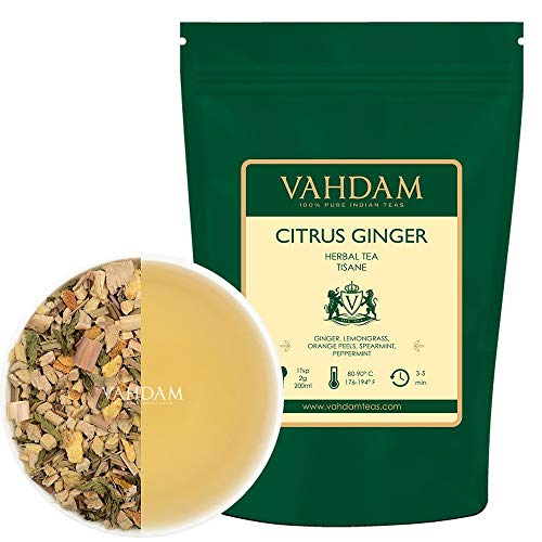 Tisana de té jengibre cítrico (100 tazas)| infusiones para adelgazar | TÉ DETOXO 100% NATURAL, jengibre, limón, cáscaras de naranja, menta - hoja de té de jengibre con deliciosas notas cítricas