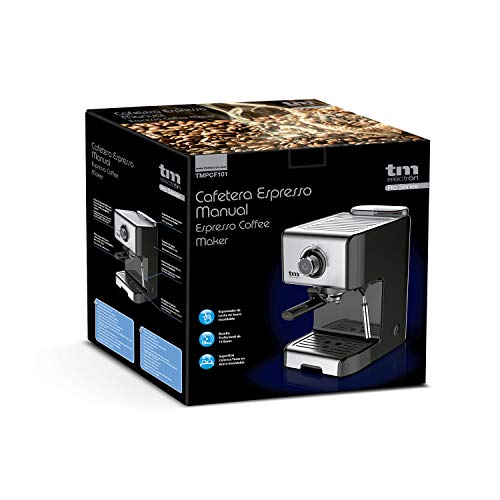 TM Electron TMPCF101 cafetera Espresso Manual con 15 Bares de presión, 1200W, depósito 1,2 L, espumador de Leche, 3 Funciones, Fabricado en Acero Inoxidable, 1 Cups