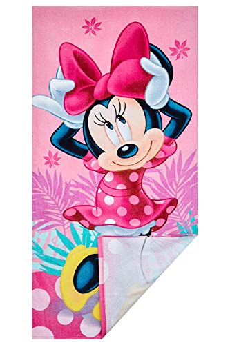Toalla de playa Disney Minnie Mouse, varios diseños de 70x140 cm, para niños, niñas y niños, 100% algodón (rosa con flores)