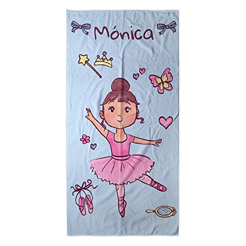 Toalla Playa Personalizada con Nombre o Texto. Regalo Infantil Toalla niño y niña. Piscina Playa Camping. Varios Diseños y Tamaños. Bailarina Rosa