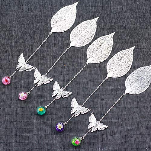 Toirxarn hermoso Marcapáginas de hojas de plumas de metal con mariposa 3D y cuentas de vidrio colgante de flor seca eterna. Regalo ideal para lectores, mujeres y niños.