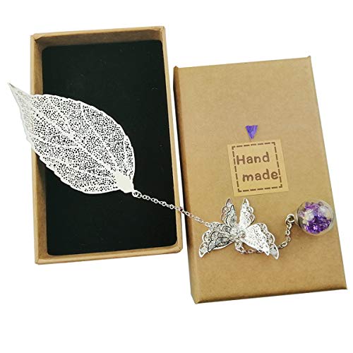 Toirxarn hermoso Marcapáginas de hojas de plumas de metal con mariposa 3D y cuentas de vidrio colgante de flor seca eterna. Regalo ideal para lectores, mujeres y niños.