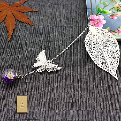 Toirxarn hermoso Marcapáginas de hojas de plumas de metal con mariposa 3D y cuentas de vidrio colgante de flor seca eterna. Regalo ideal para lectores, mujeres y niños.