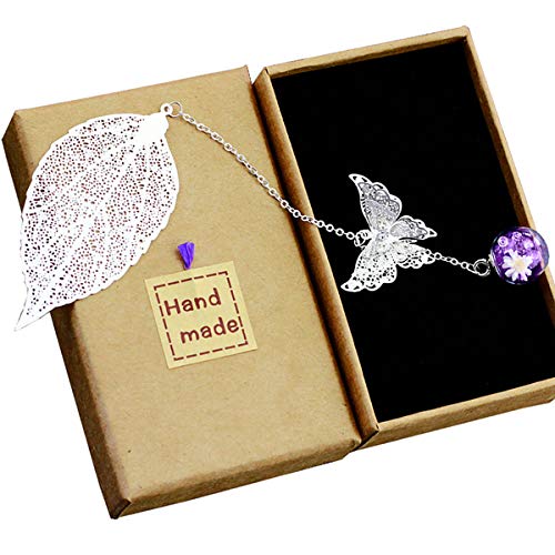 Toirxarn hermoso Marcapáginas de hojas de plumas de metal con mariposa 3D y cuentas de vidrio colgante de flor seca eterna. Regalo ideal para lectores, mujeres y niños.