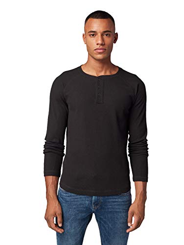 Tom Tailor Henley Camiseta de Manga Larga, Negro (Black 29999), S para Hombre