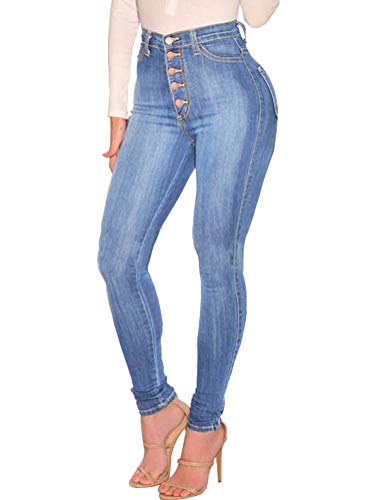 Tomwell Cintura Alta Pantalones Jeans Mujer Elástico Flacos Vaqueros Leggings Casual Skinny Push Up Mezclilla Pantalones Azul Claro Small