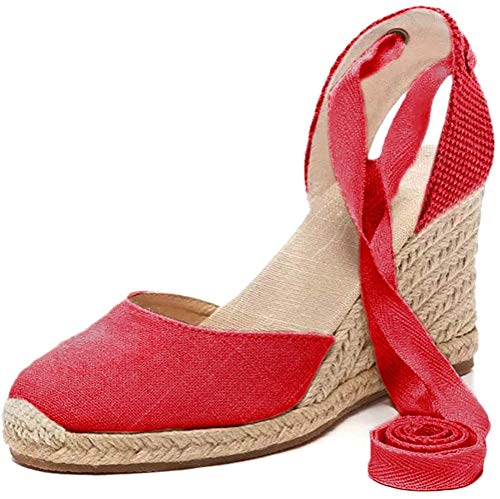 Tomwell Sandalias Mujer Cuña Alpargatas Moda Bohemias Romanas Sandals Rivet Playa Verano Tacon Zapatos A Rojo 39 EU
