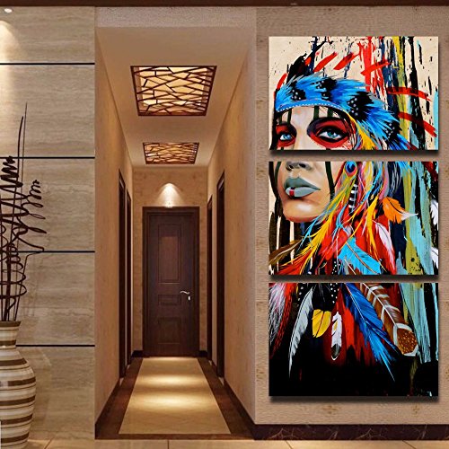 TOOGOO 3 piezas de arte de lienzo indio nativo americano con plumas Cuadro de pared de pintura para salon