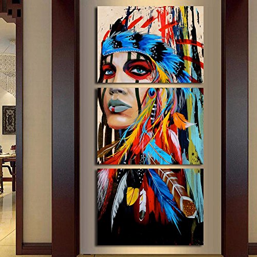 TOOGOO 3 piezas de arte de lienzo indio nativo americano con plumas Cuadro de pared de pintura para salon