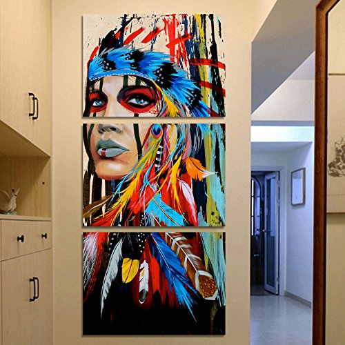 TOOGOO 3 piezas de arte de lienzo indio nativo americano con plumas Cuadro de pared de pintura para salon