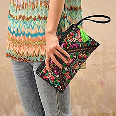 TOOGOO(R) Nueva Cartera de Las Mujeres de Bordado Bolso del Embrague de telefono movil Monedero - Flor de Mariposa