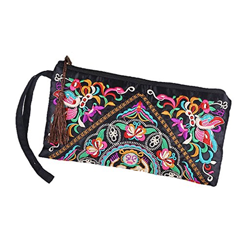 TOOGOO(R) Nueva Cartera de Las Mujeres de Bordado Bolso del Embrague de telefono movil Monedero - Flor de Mariposa