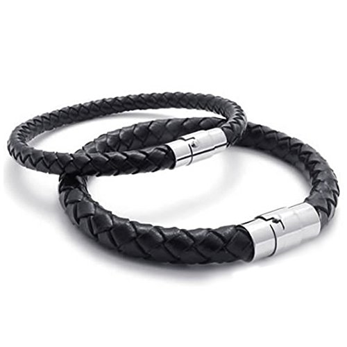 TOOGOO（R） Pulsera Pulsera de joyeria, Acero Inoxidable de Cuero, Pulsera de Cuero Trenzado, para Hombres Mujeres, Negro - Ancho 6mm - Longitud 18cm