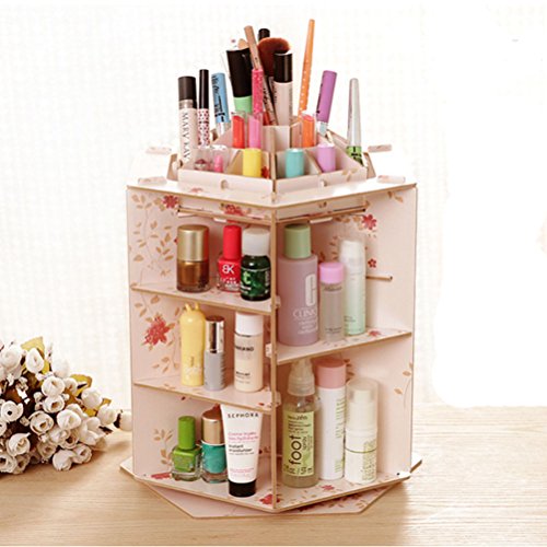 TOPBATHY 360 Grados de Maquillaje rotativo Organizador de cosméticos Caja de Almacenamiento de joyería de Maquillaje de Escritorio de Madera con compartimientos (Flor de Primavera)