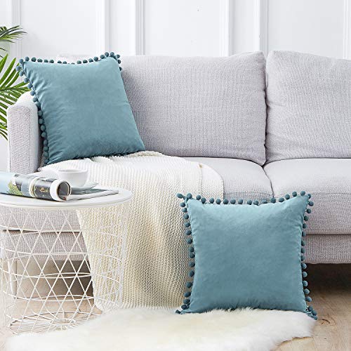 Topfinel Juego de 2 Cojines Fundas Terciopelo Decorativa Hogar Almohadas Fundas con pelota de Color Sólido Para Cama Sofás Sala de Estar Dormitorio Sala de Estudio Jardín Coche 50x50cm Gris azulado
