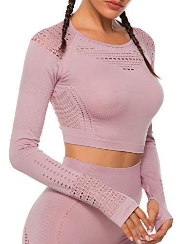 Tops Yoga Camiseta Deportiva Sin Costura Mangas Larga Fitness Mujer Gimnasio #1 Rosa Chica