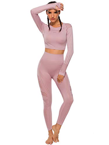 Tops Yoga Camiseta Deportiva Sin Costura Mangas Larga Fitness Mujer Gimnasio #1 Rosa Chica