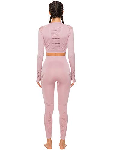 Tops Yoga Camiseta Deportiva Sin Costura Mangas Larga Fitness Mujer Gimnasio #1 Rosa Chica