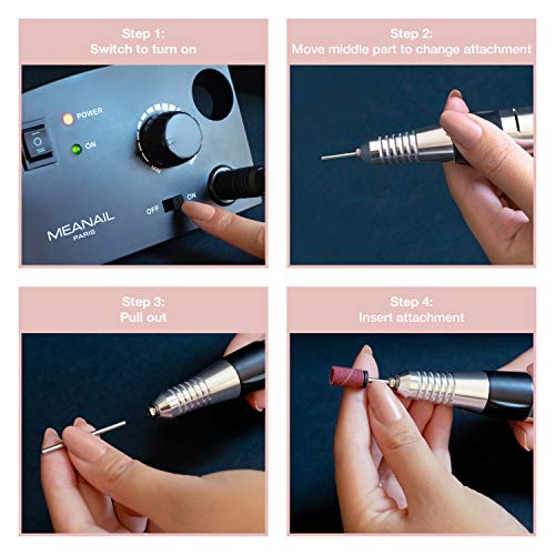 Torno de Uñas Profesional 35.000 RPM para Manicura y Pedicura Negro - Pulidor de Uñas de Gel Semipermanentes Acrílicas Postizas - 6 Brocas para Quitar Esmalte Callos Durezas Empujar Cutículas -Meanail