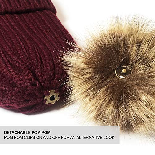 TOSKATOK® Invierno de Las Mujeres Costilla Punto Hat/Beanie con Desmontable de Piel Falsa Chunky Pom Pom Bobble-Cream