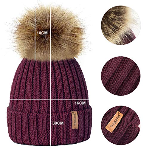 TOSKATOK® Invierno de Las Mujeres Costilla Punto Hat/Beanie con Desmontable de Piel Falsa Chunky Pom Pom Bobble-Cream