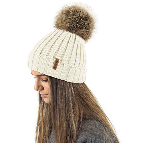 TOSKATOK® Invierno de Las Mujeres Costilla Punto Hat/Beanie con Desmontable de Piel Falsa Chunky Pom Pom Bobble-Cream