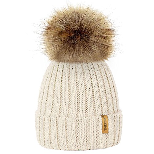 TOSKATOK® Invierno de Las Mujeres Costilla Punto Hat/Beanie con Desmontable de Piel Falsa Chunky Pom Pom Bobble-Cream