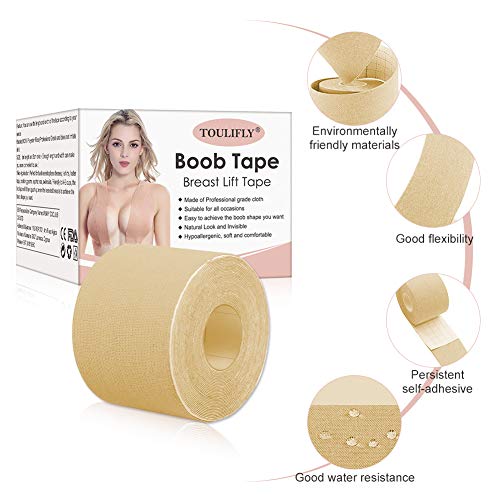 TOULIFLY Cinta de Levantamiento de Senos,Cinta de Senos,Cinta de sujetador de senos,Sujetador Adhesivo,Para cinta invisible para realzar los senos y 10 adhesivos redondos no tejidos para pezones