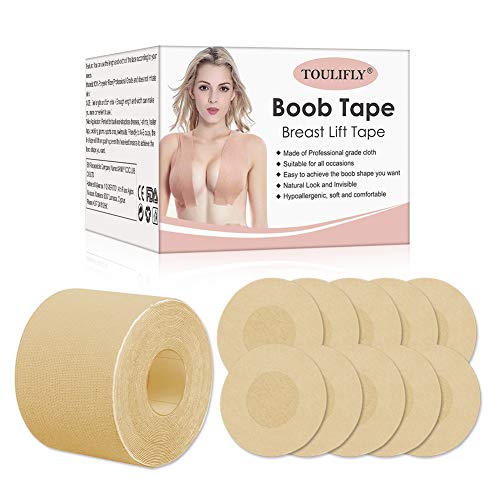 TOULIFLY Cinta de Levantamiento de Senos,Cinta de Senos,Cinta de sujetador de senos,Sujetador Adhesivo,Para cinta invisible para realzar los senos y 10 adhesivos redondos no tejidos para pezones