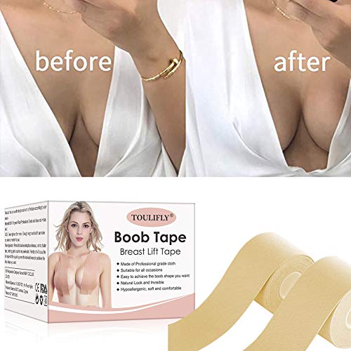 TOULIFLY Cinta de Levantamiento de Senos,Cinta de Senos,Cinta de sujetador de senos,Sujetador Adhesivo,Para cinta invisible para realzar los senos y 10 adhesivos redondos no tejidos para pezones