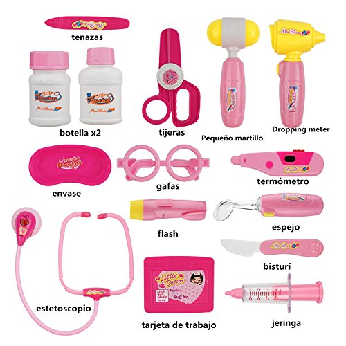 TR Turn Raise Cuadro Médico Conjunto Enfermera Médico Kit Parque Infantil para Niños - Fingir Juego Herramientas Juguete Set 15 Piezas, Rosa