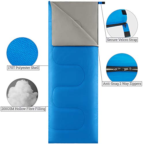 Trail Saco de Dormir Individual Niño y Niña, Camping, Acampada, Senderismo y Actividades al Aire Libre de 200 g/m2, 2 Estaciones. Bolsa Ligera de Compresión, 160 cm x 65 cm