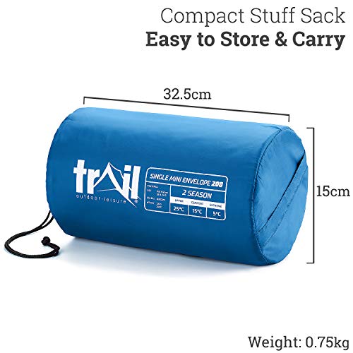 Trail Saco de Dormir Individual Niño y Niña, Camping, Acampada, Senderismo y Actividades al Aire Libre de 200 g/m2, 2 Estaciones. Bolsa Ligera de Compresión, 160 cm x 65 cm