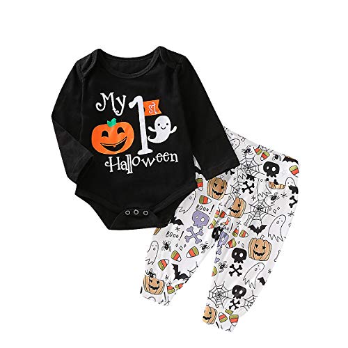 Traje de Ropa Halloween para Niños Niñas Unisex Conjunto de Bebé Top Mameluco de Manga Larga + Pantalones Largos con Estampado de Patrones Calabaza Fiesta
