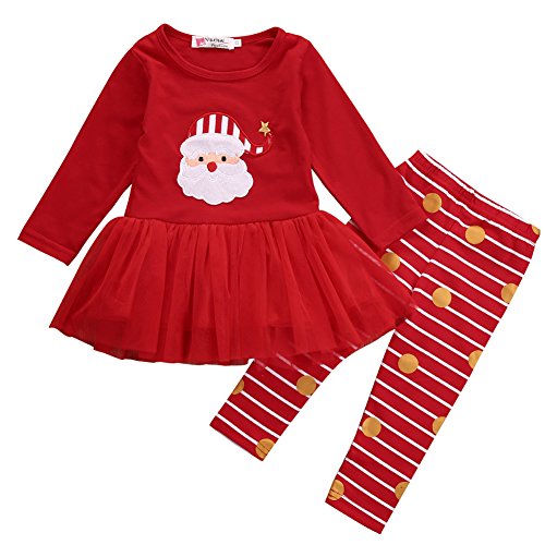 Traje Navidad de Bebé Niña Conjunto Vestido Navideño en Tul de Manga Larga con Dibujo de Santa Claus + Pantalones a Rayas (0-3 Años)