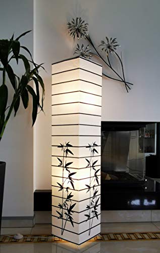 Trango 1212 diseño Lámpara de pie *JAPÓN* lámpara de papel de arroz *HECHO A MANO* en cuadrado blanco con palos decorativos y motivo de bambú con 2 casquillos E14, altura aprox.123 cm lámpara de salón