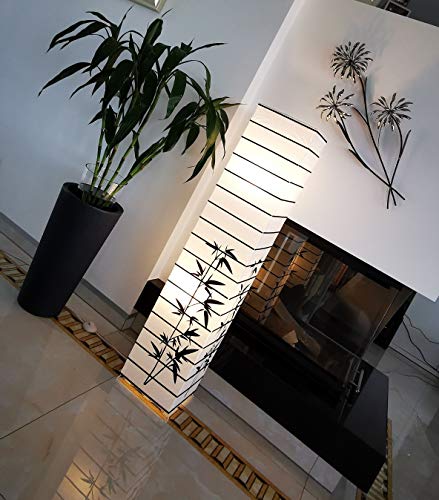 Trango 1212 diseño Lámpara de pie *JAPÓN* lámpara de papel de arroz *HECHO A MANO* en cuadrado blanco con palos decorativos y motivo de bambú con 2 casquillos E14, altura aprox.123 cm lámpara de salón