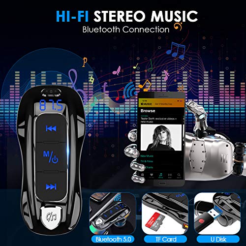Transmisor FM Bluetooth 5.0, Manos Libres para Coche Carga rápida Inalámbrico Reproductor MP3 Coche, Adaptador de Radio con Siri Google Asistente, 3 USB 5V/2.4A & PD3.0 for Tipo C