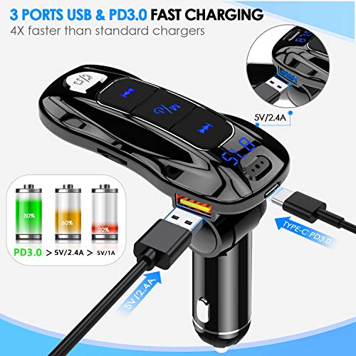 Transmisor FM Bluetooth 5.0, Manos Libres para Coche Carga rápida Inalámbrico Reproductor MP3 Coche, Adaptador de Radio con Siri Google Asistente, 3 USB 5V/2.4A & PD3.0 for Tipo C