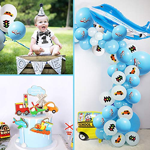 Transporte Decoraciones Cumpleaños para Niños, Aviator Theme Favores Fiesta con Pancarta Cumpleaños Vehículos Transporte Globos Autobús Tren Avión Semáforo Topper Torta para Decoración Baby Shower