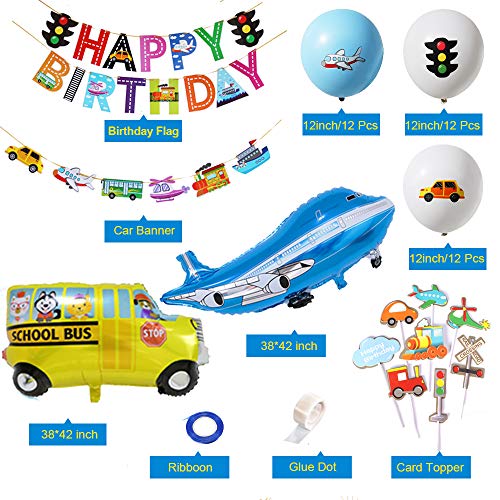 Transporte Decoraciones Cumpleaños para Niños, Aviator Theme Favores Fiesta con Pancarta Cumpleaños Vehículos Transporte Globos Autobús Tren Avión Semáforo Topper Torta para Decoración Baby Shower